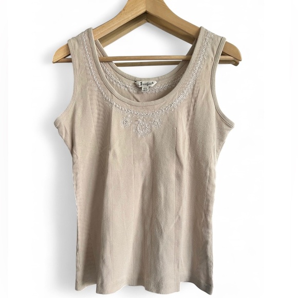 Vintage Jessica Sport Womens Tan Cotton Embroidered Fitted Boho Tank Top Medium - Picture 1 of 11